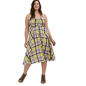 Torrid Plaid Challis Button Front Midi Dress Size 3 Yellow Purple